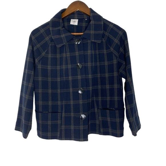 Cabi Women's Medium Navy Blue Plaid Button Front Jacket Classic Preppy Coat - Picture 1 of 9